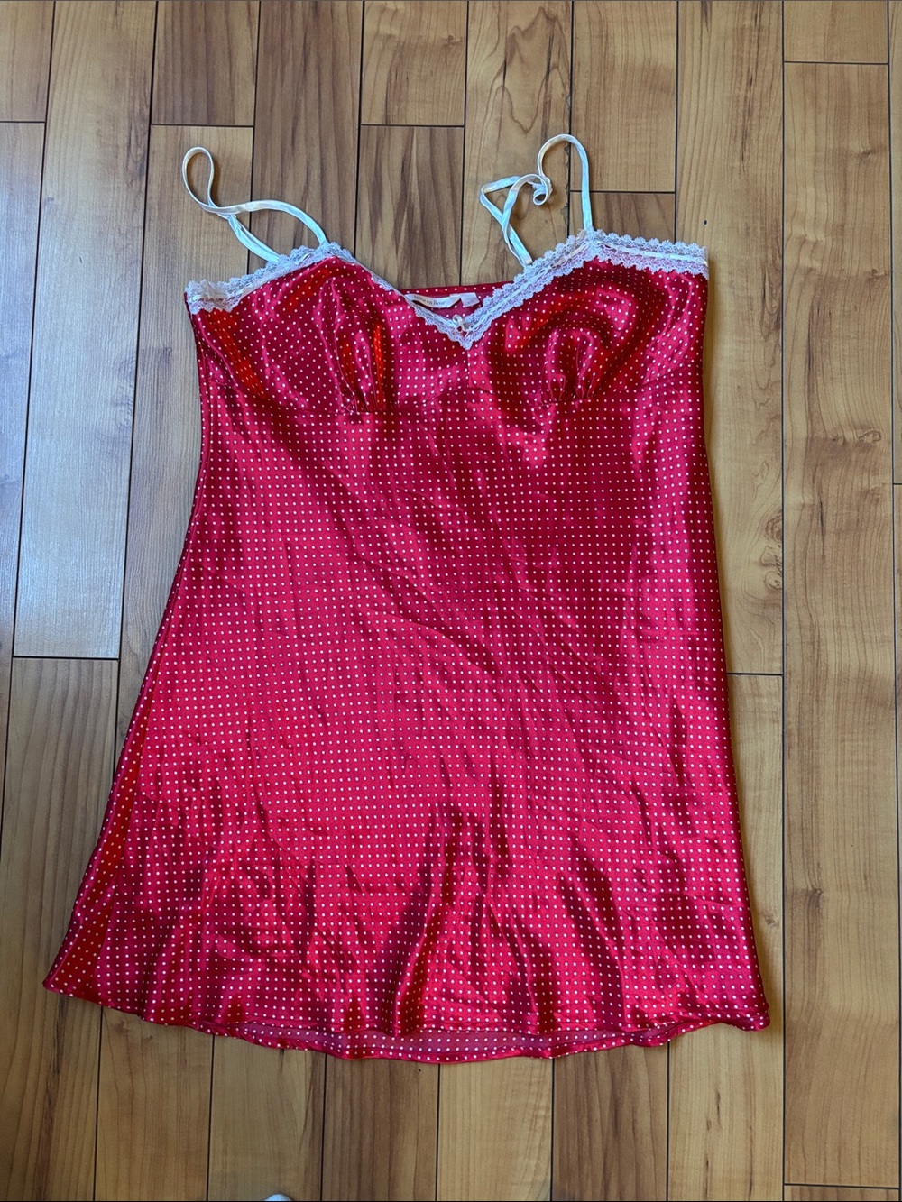 La Vie En Rose Mock Red Satin Polka-Dot Lace-Trim Nightgown